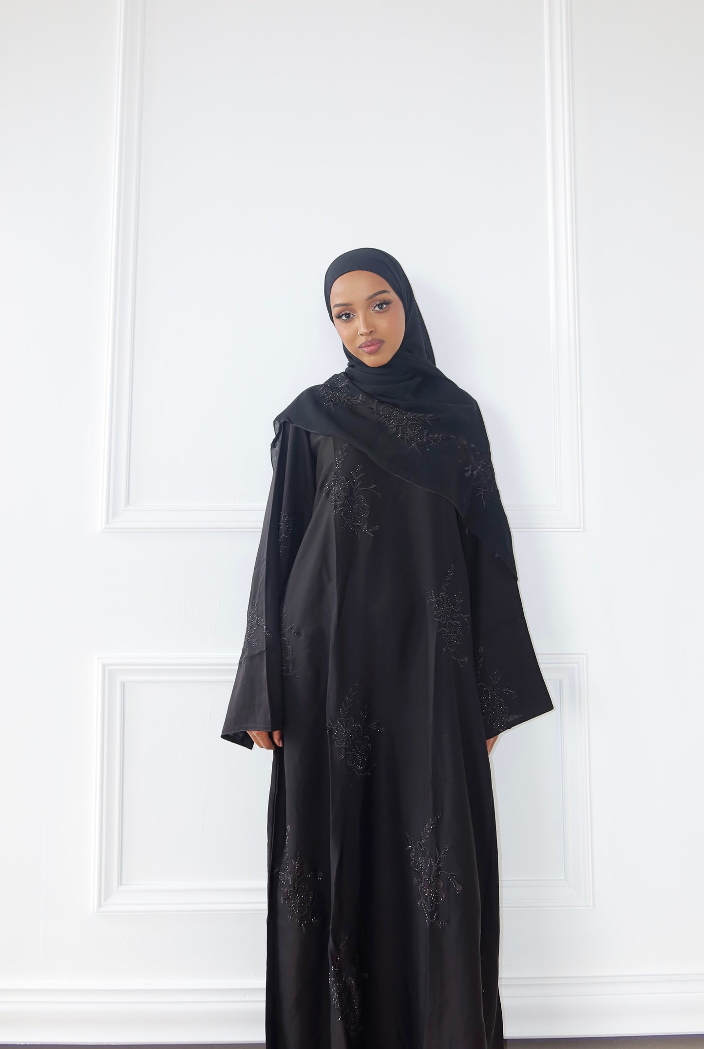 Black Embroidered Rhinestone Abaya