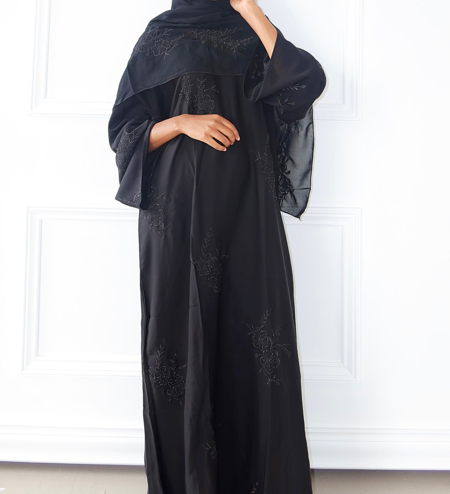 Black Embroidered Rhinestone Abaya