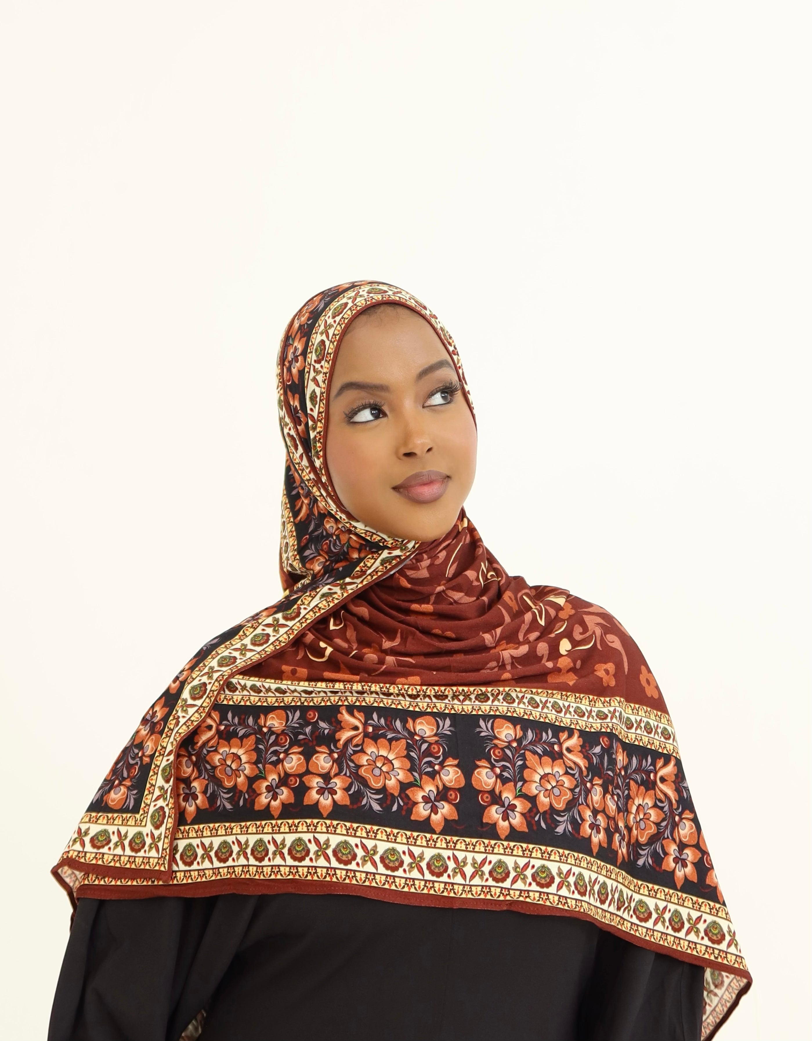 Brown Floral Printed Jersey Hijab