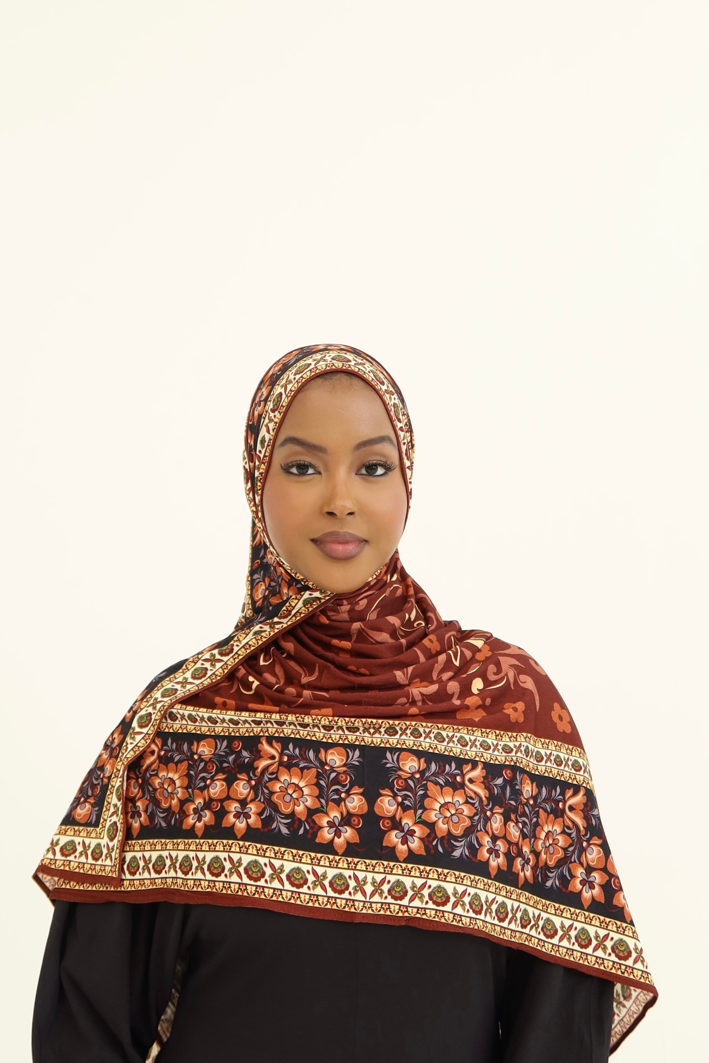 Brown Floral Printed Jersey Hijab